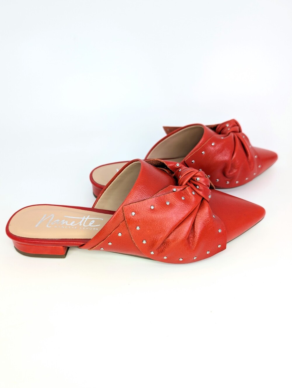 Nanette Lepore Orange Red Studded Bow Pointed Toe Mule Flats Slide On Size 6 EUC - Picture 2 of 12
